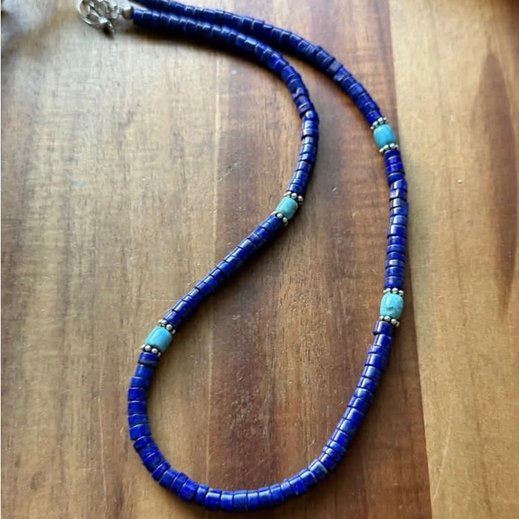 Sterling Silver Heishi Lapis Turquoise Bead Necklace. 18 inch. Gift - Picture 3 of 12